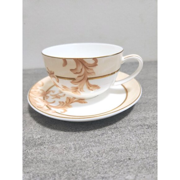 Dynasty Vintage Wide Mouth Tea Cup Saucer White Tan Gold Tea Time - Picture 1 of 10
